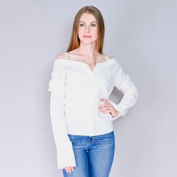 ALPHA & OMEGA White Off-Shoulder Shirt Blouse - Picture 7 of 7